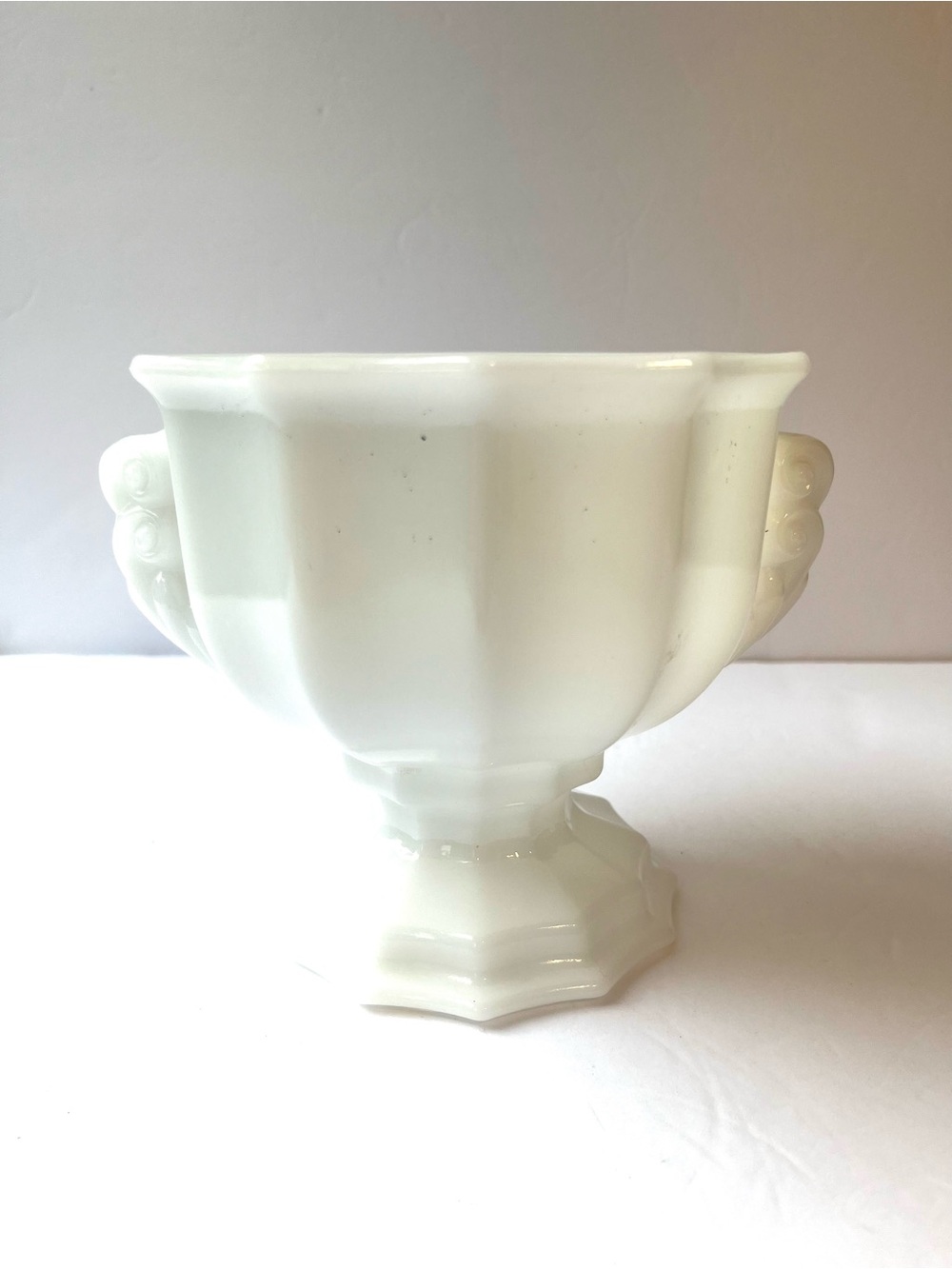 VInyage White  milk glass ribbed pedestal compote bowl w/handles made E.O. Brody